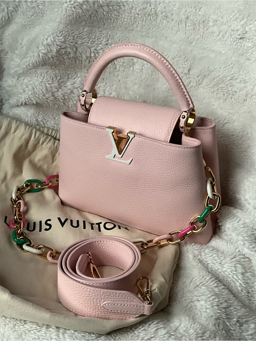 Louis Vuitton Pink Capucines Mini Top Handle Bag with Multicolor Chain